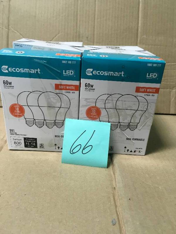 lot 66 image: Ecosmart 4 Pack 60W Replacement LED Soft White Bulbs 1002109777 LOT OF 6 new