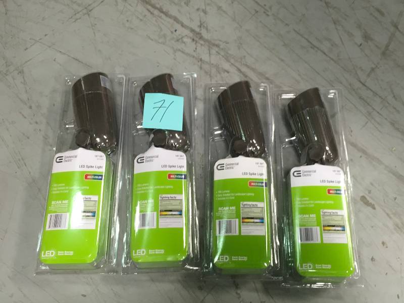 lot 71 image: Commercial Electric 700 Lumens Multicolor LED Spike Landscape Light 187 681 LOT OF 4 not used