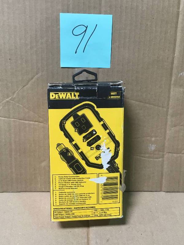 lot 91 image: Dewalt 140-Watt Power Inverter with Dual USB Ports USED in working condition