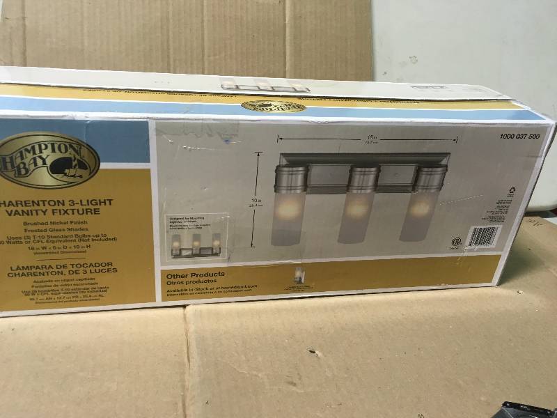 lot 98 image: 3-Light Brushed Nickel Wall Vanity Fixture  in like new condition