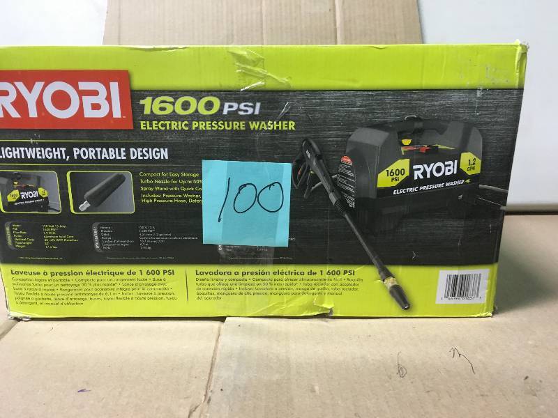 lot 100 image: Ryobi RY141612 1,600-PSI 1.2-GPM Electric Pressure Washer  in like new condition