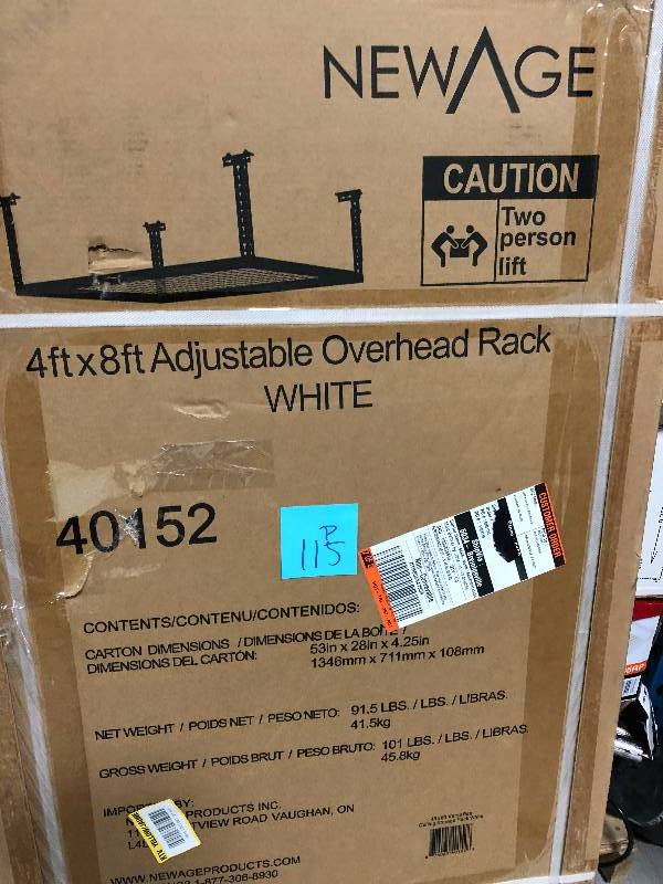 lot 115 image: NewAge Products Performance 96 in. L x 48 in. W x 42 in. H Adjustable VersaRac Ceiling Storage Rack in White in good conditions