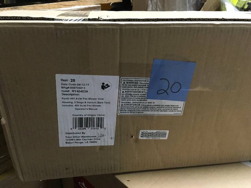 lot 20 image: Ryobi 110 MPH 480 CFM Variable-Speed Turbo 40-Volt Lithium-ion Cordless Jet Fan Leaf Blower - Battery and Charger Not Included  in good working condition