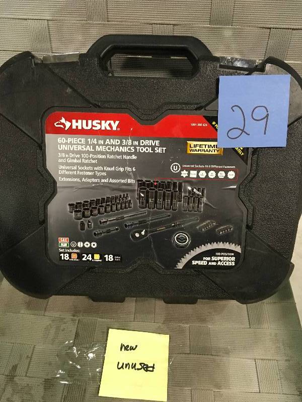 lot 29 image: Husky 38 in. Drive 100-Position Universal SAE and Metric Mechanics Tool Set (60-Piece) like new