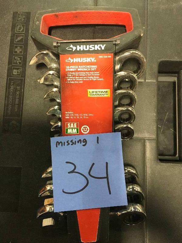 lot 34 image: Husky SAE and Metric Stubby Combination Ratcheting Wrench Set (10-Piece) MISSING ONE