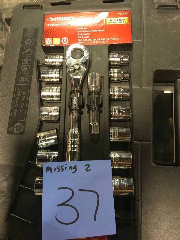 lot 37 image: Husky 38 in. Drive SAEMetric Standard Socket Set (18-Piece) MISSING TWO