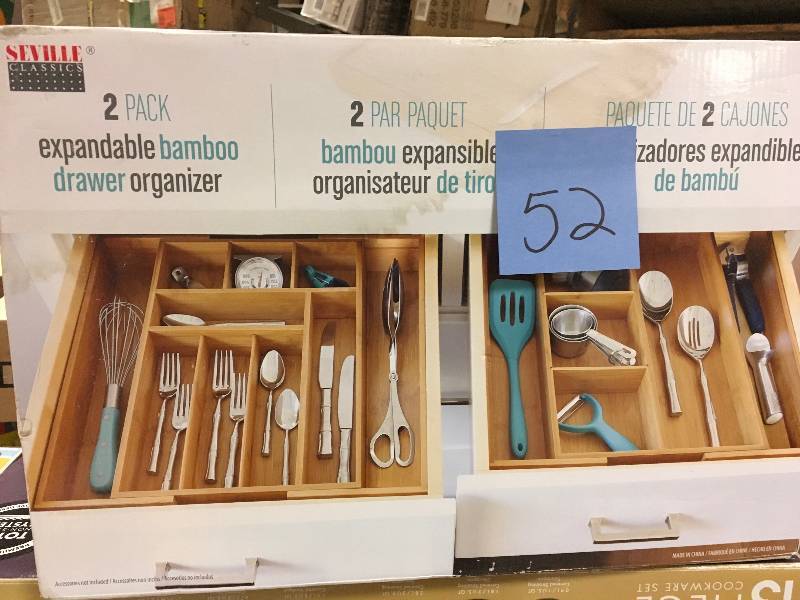 lot 52 image: Seville Classics 2-piece Expandable Bamboo Drawer Organizer like new