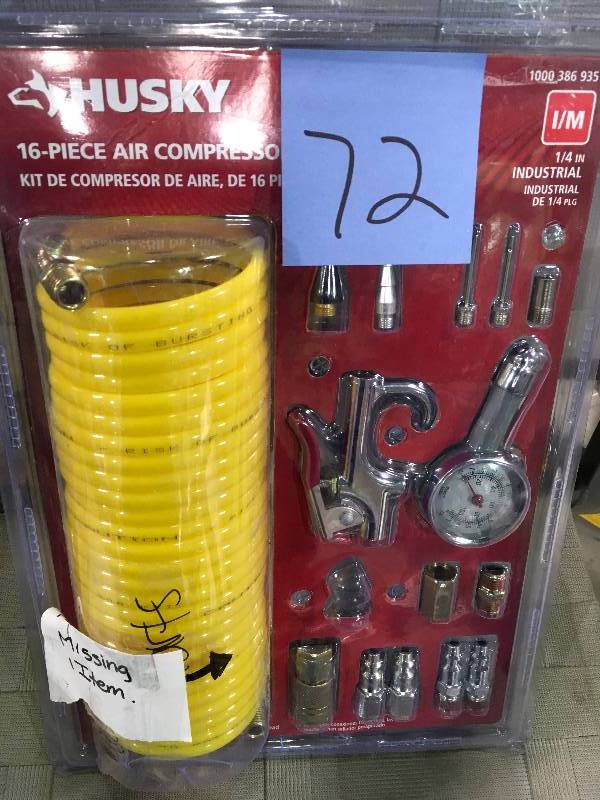 lot 72 image: Husky 16-Piece Air Compressor Kit MISSING 1PC