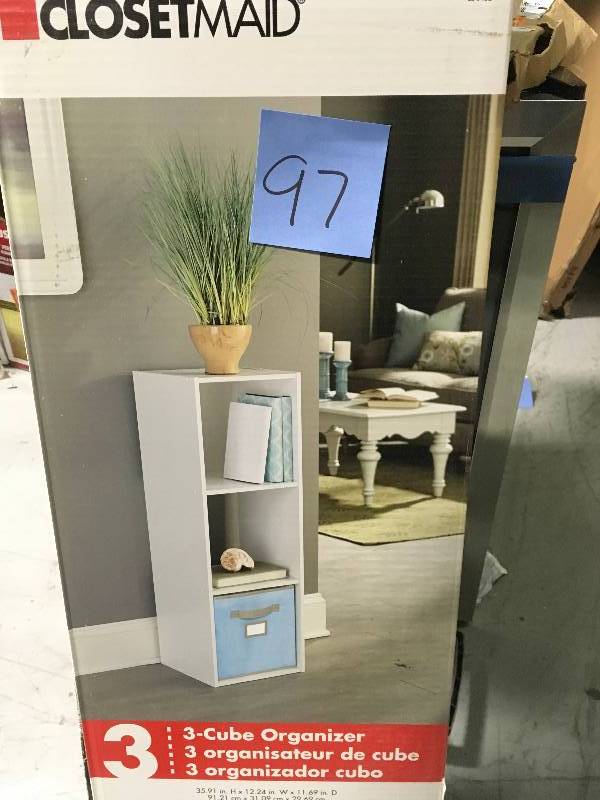 lot 97 image: CLOSETMAID 12 in. W x 36 in. H White Stackable 3-Cube Organizer not used