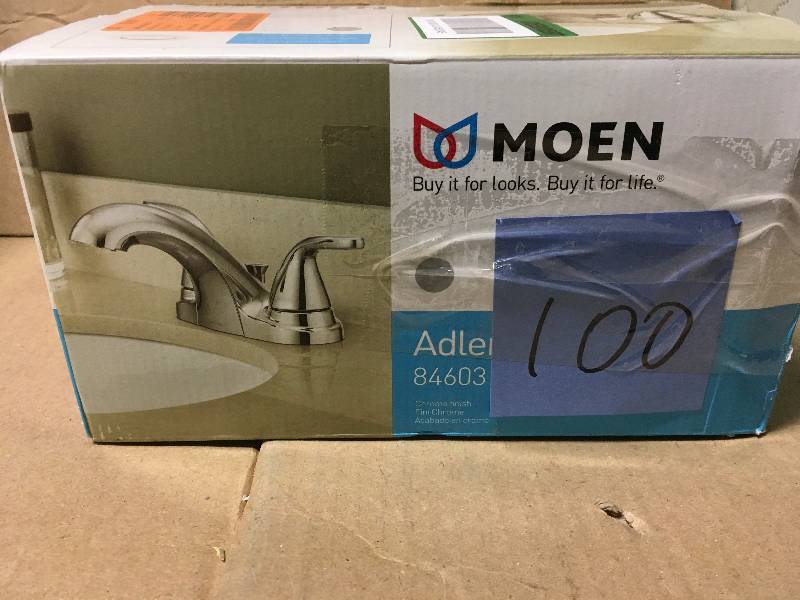 lot 100 image: MOEN Adler 4 in. Centerset 2-Handle Bathroom Faucet in Chrome not used open box
