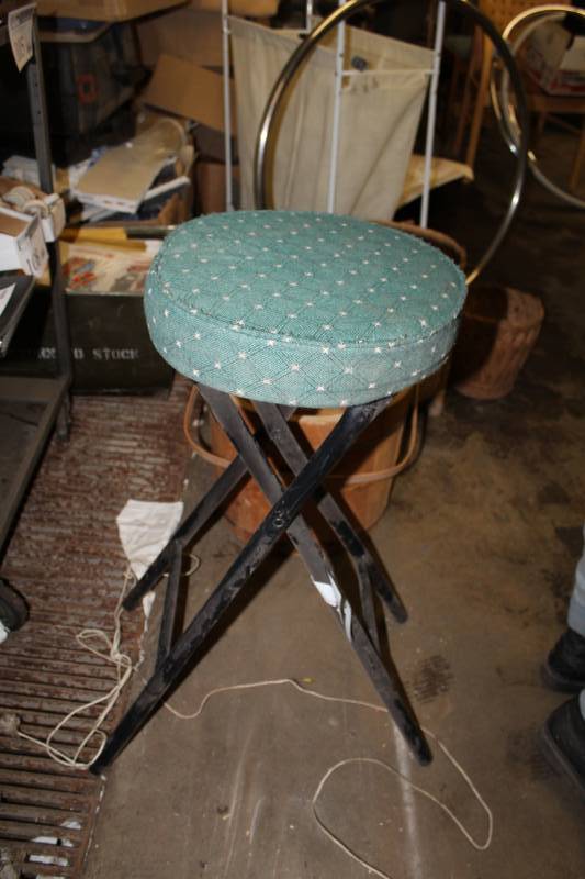 lot 139 image: Vintage Folding Wood Stool with Fabric Seat