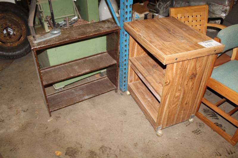 lot 142 image: Wood Book Shelf, Wood Utility Cart