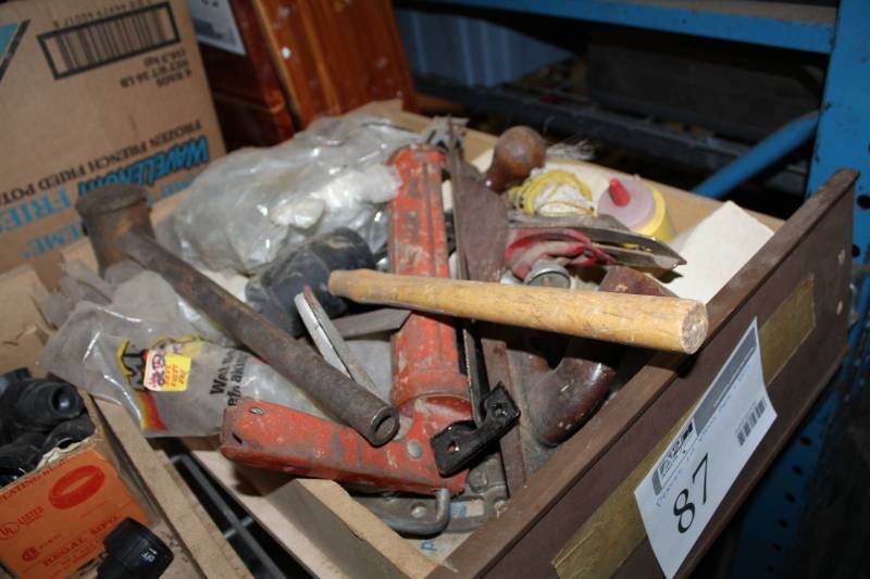 lot 87 image: Misc. Parts, Tools - Hammer, Mallet, Caulk Gun, Wood Plane, String, And More