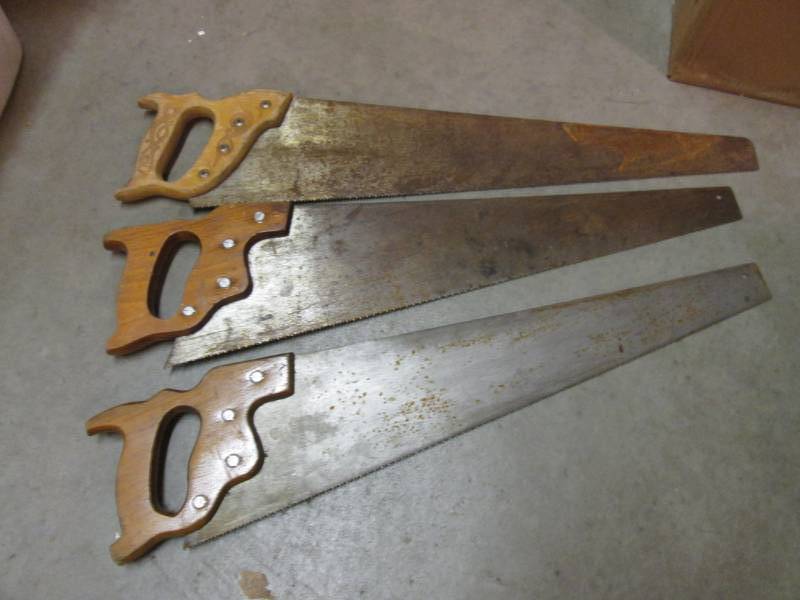 lot 248 image: Lot of 3 Hand Saws Wood Handles  EW...