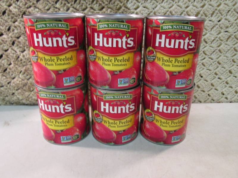 lot 279 image: 6 Big Cans of Hunts Whole Peeled Pl...