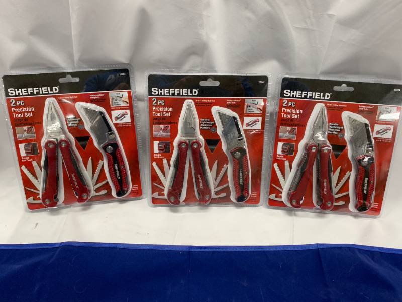 lot 10 image: Lot of 3 Sheffield Precision KnifeMultitool Set
