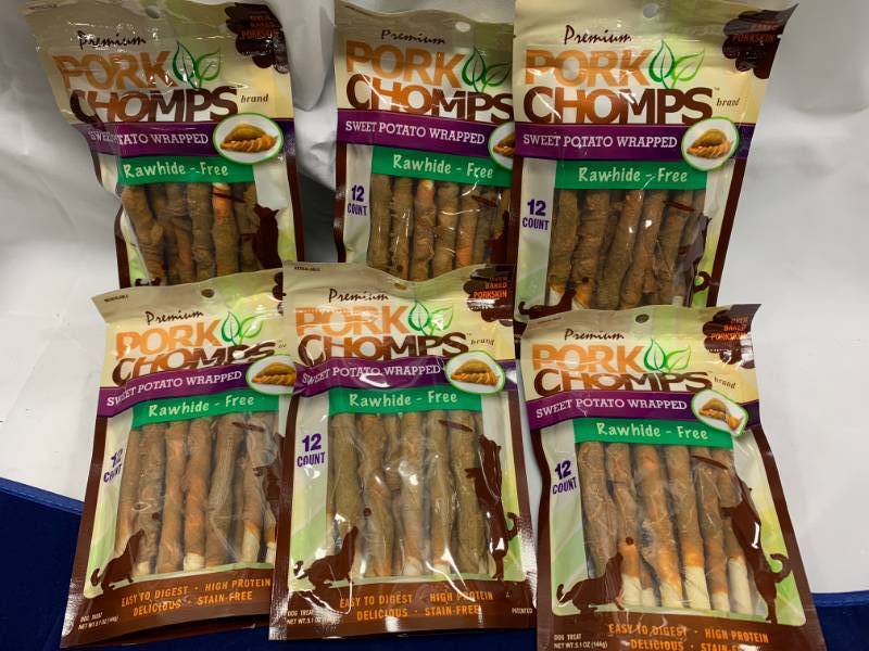 lot 28 image: Lot of 6 Pork Chomps Rawhide Free Dog Treats