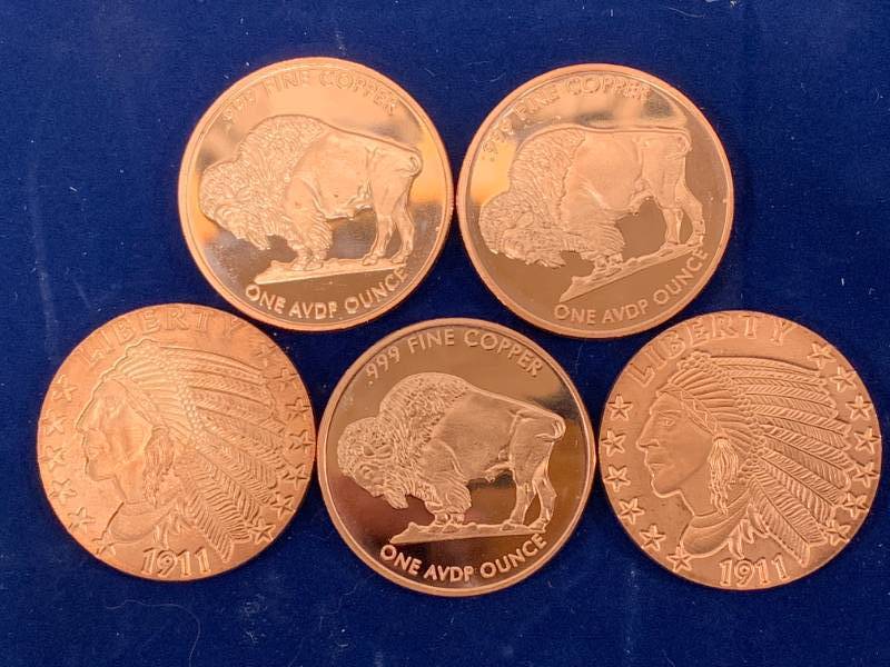 lot 31 image: Lot of 5 Bison .999 Investment Grade Copper Coins