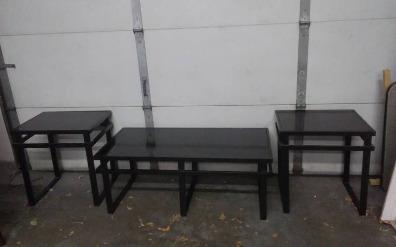 lot 2 image: 3- Piece Metal Frame Glass Top Coffee Table & 2-End Tables (Matching)