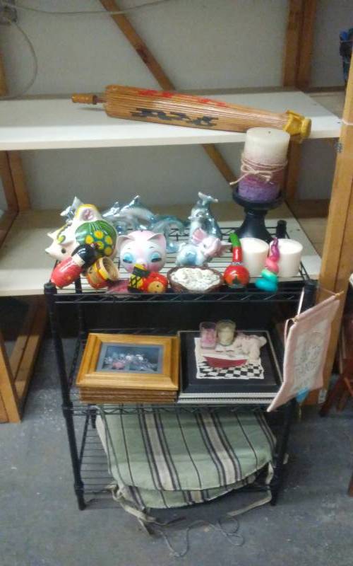lot 23 image: 3-Tier Wire Shelf With Large Lot Of Asian Decor, Dolphins, Piggy Banks, Candles & More