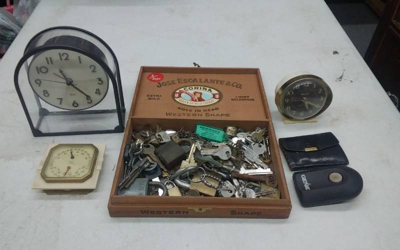 lot 25 image: Keys, Locks, Cigar Box, Clocks.