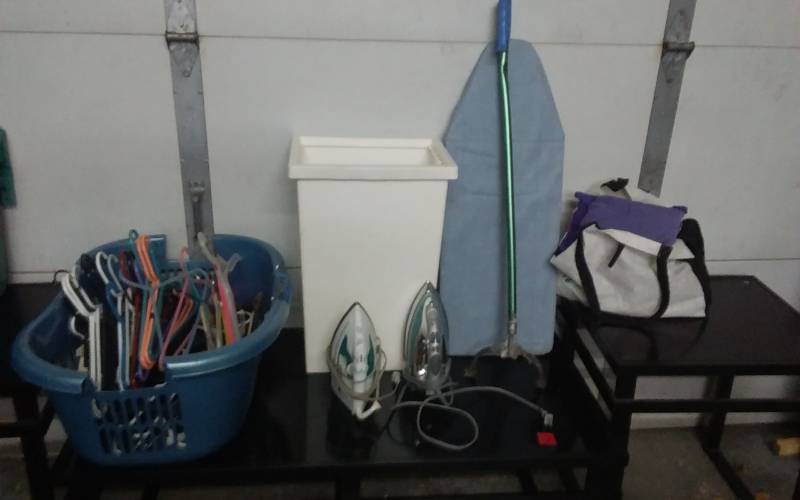 lot 30 image: Iron, Ironing Board, Hangars, Trash Can, Bean Bags, Misc.