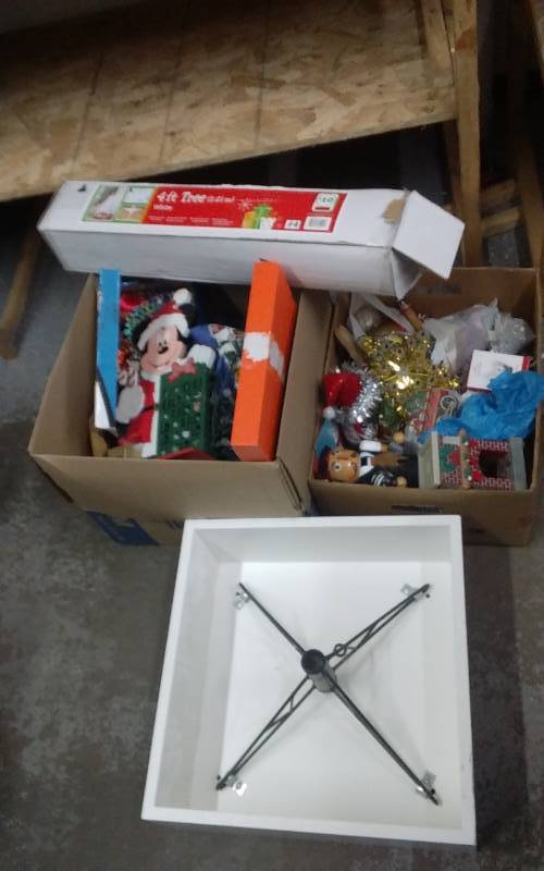 lot 36 image: 2-Boxes Of Christmas Decor, 4 Ft. Tree, Stand