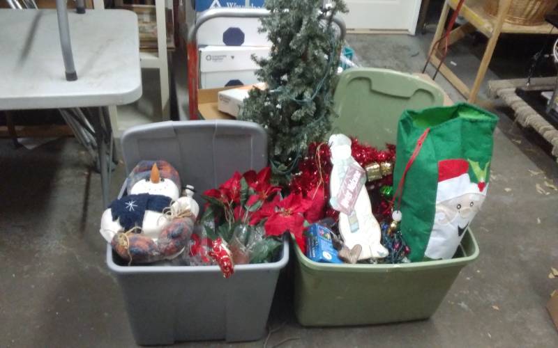 lot 37 image: 2-Totes With Lids Full Of Christmas Decor & 1-Tree Rustic