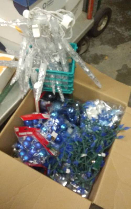 lot 38 image: Box Of Mostly New Ornaments & Icicle Lights