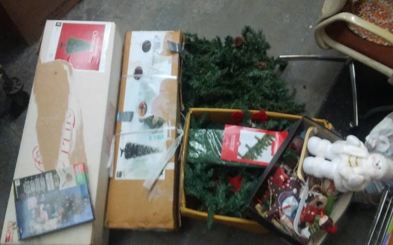 lot 40 image: 2-Artificial Trees, 1-Large Box Of Christmas Decor, Garland
