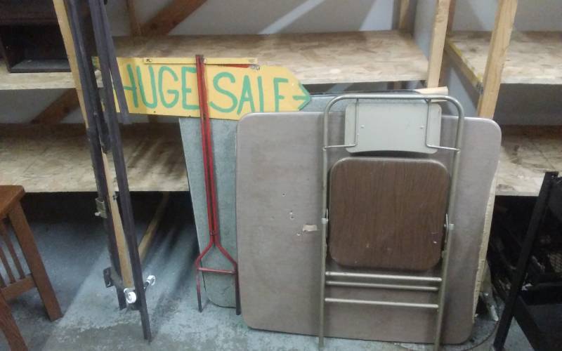 lot 48 image: 2-Card Tables, Folding Chair, Metal Bed Frame, Metal Sign