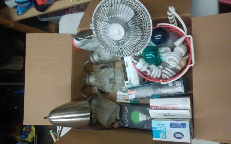 lot 53 image: Box Lot New Light Bulbs, Light Fixtures, Clamp Fan