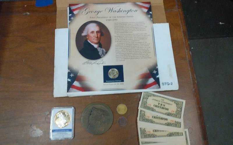 lot 60 image: Washington Presidential Commemorative Golden Dollar Set, 1933 20 Dollar St.Gaudens Replica Coin In Holder, Presidential Medallion, Canada Loony, Lot Of Japanese Paper Pesos