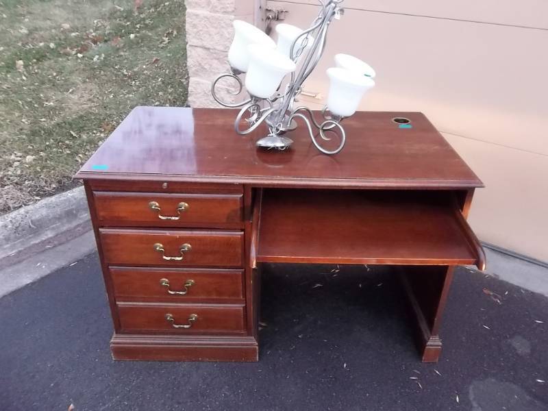 lot 13 image: Wood Executive Desk With Sliding Keyboard Shelf 48x26x30 Tall & Pewter 5 Light Chandelier
