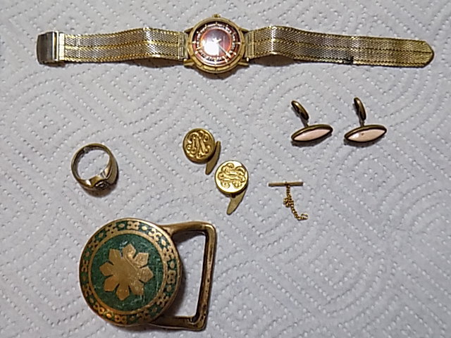 Belt Buckle. Watch, Tie Tacks, Ring
