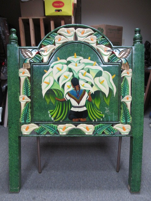 lot 25 image: Beautiful Hand Carved & Painted Headboard
