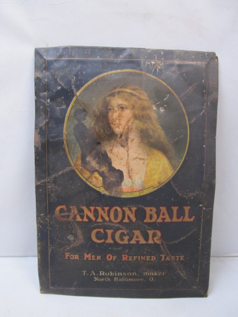 lot 30 image: Original Antique 1890s CANNON BALL CIGARS Tin Litho Advertising Sign