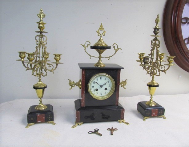 lot 34 image: French Black Marble & Cast Bronze Mantel Clock wCast Bronze Candelabra Garniture 