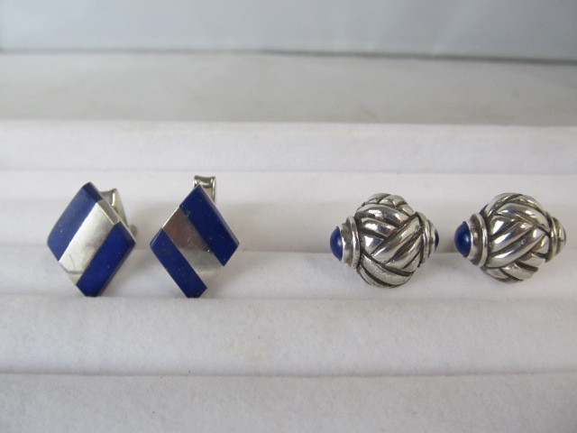 lot 52 image: 2 Pairs of Vintage Signed Inlaid Lapis & Sterling Cufflinks