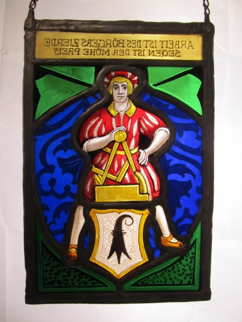 lot 50 image: Orig Antique Signed Stained Glass Woodworking Wall Hanging