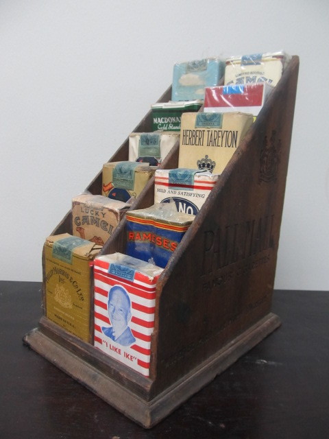 lot 65 image: Original Vintage 1940s General Store Cigarette Display Rack wNOS Packs
