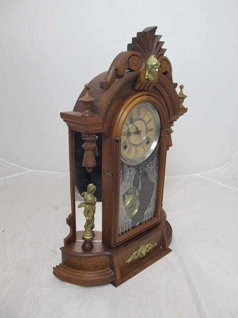 lot 5 image: Fine Ornate Antique Oak Side Mirror Kitchen Clock wBronze Cherubs
