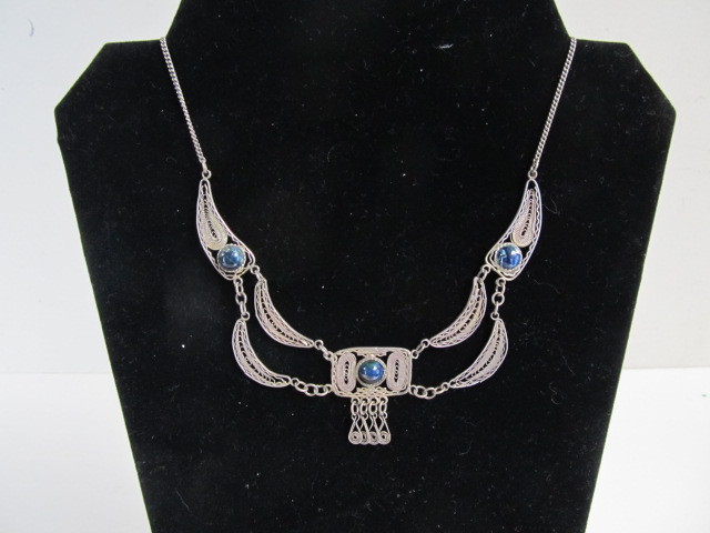 lot 87 image: Signed Antique Sterling Silver & Lapis Formal Necklace