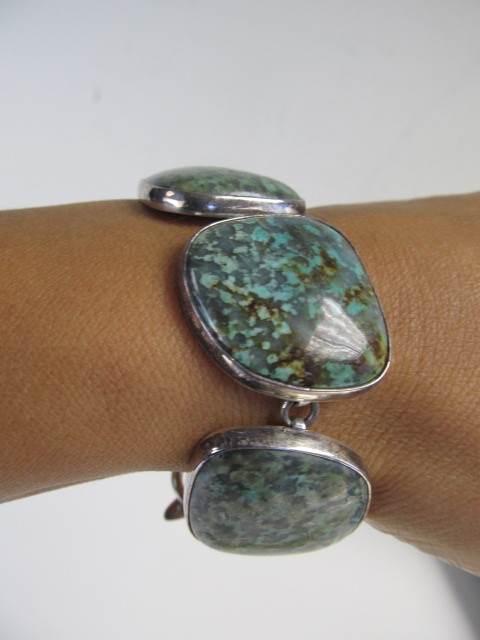 lot 89 image: Large Vintage Signed CASTILLO Turquoise & Sterling Silver Bracelet