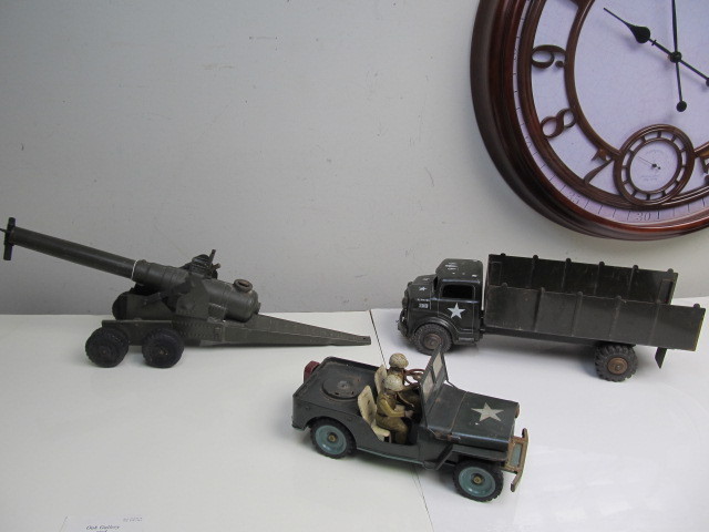 lot 99 image: 3 LARGE Vintage MetalPressed Steel Military Toys