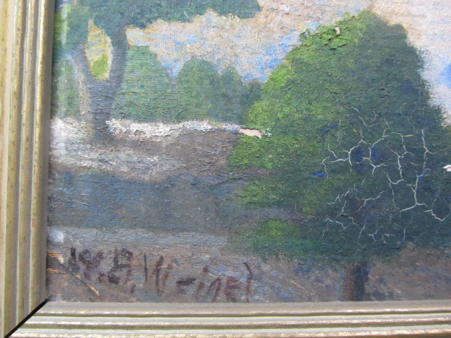 lot 126 image: Antique Signed American Pastoral Oil on Board Painting wHouses 