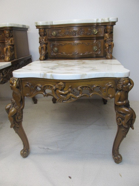 lot 16 image: Pair of Vintage Hand Carved Marble Top Cherub End Tables