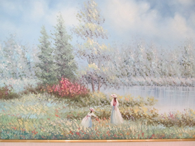 lot 140 image: Vintage Walk Along The Riverbank Scene Original Oil On Canvas Painting