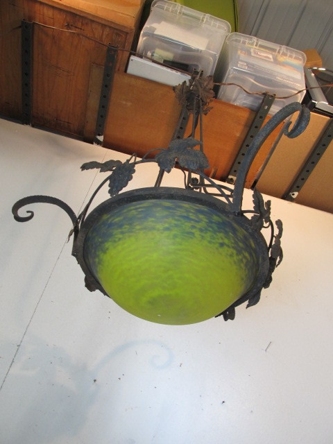 lot 152 image: Original Antique French Iron & Art Glass Hanging Lamp