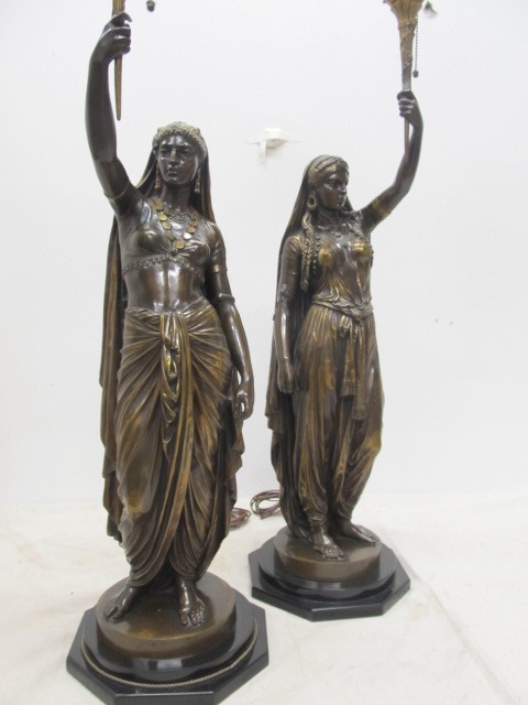 lot 1 image: PAIR of Stunning Important 19th Century Patinated Bronze Figural Torcheres by Emile Guillemin - Deux Femmes, Indienne et Persane